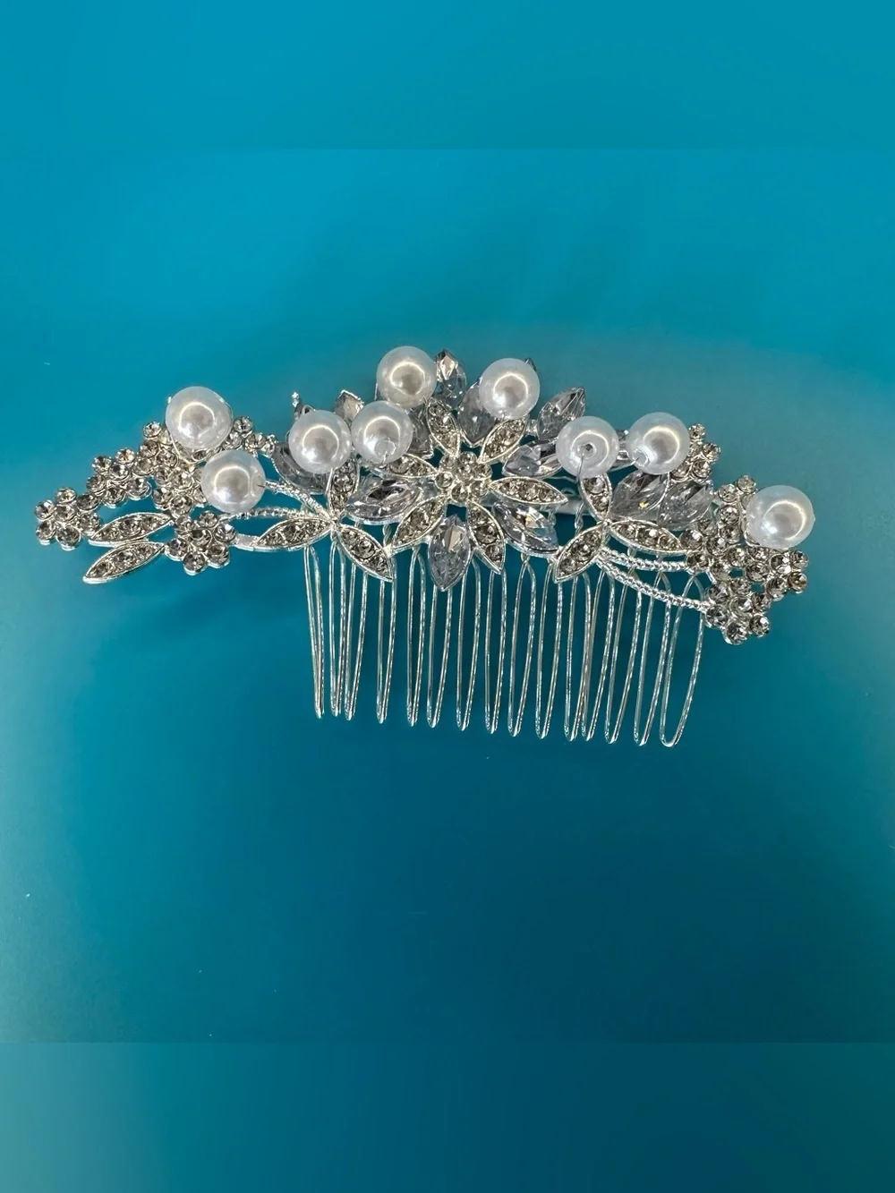 Rhinestone Pearl Floral Hair Comb Silver Tone Bridal Hair Accessory